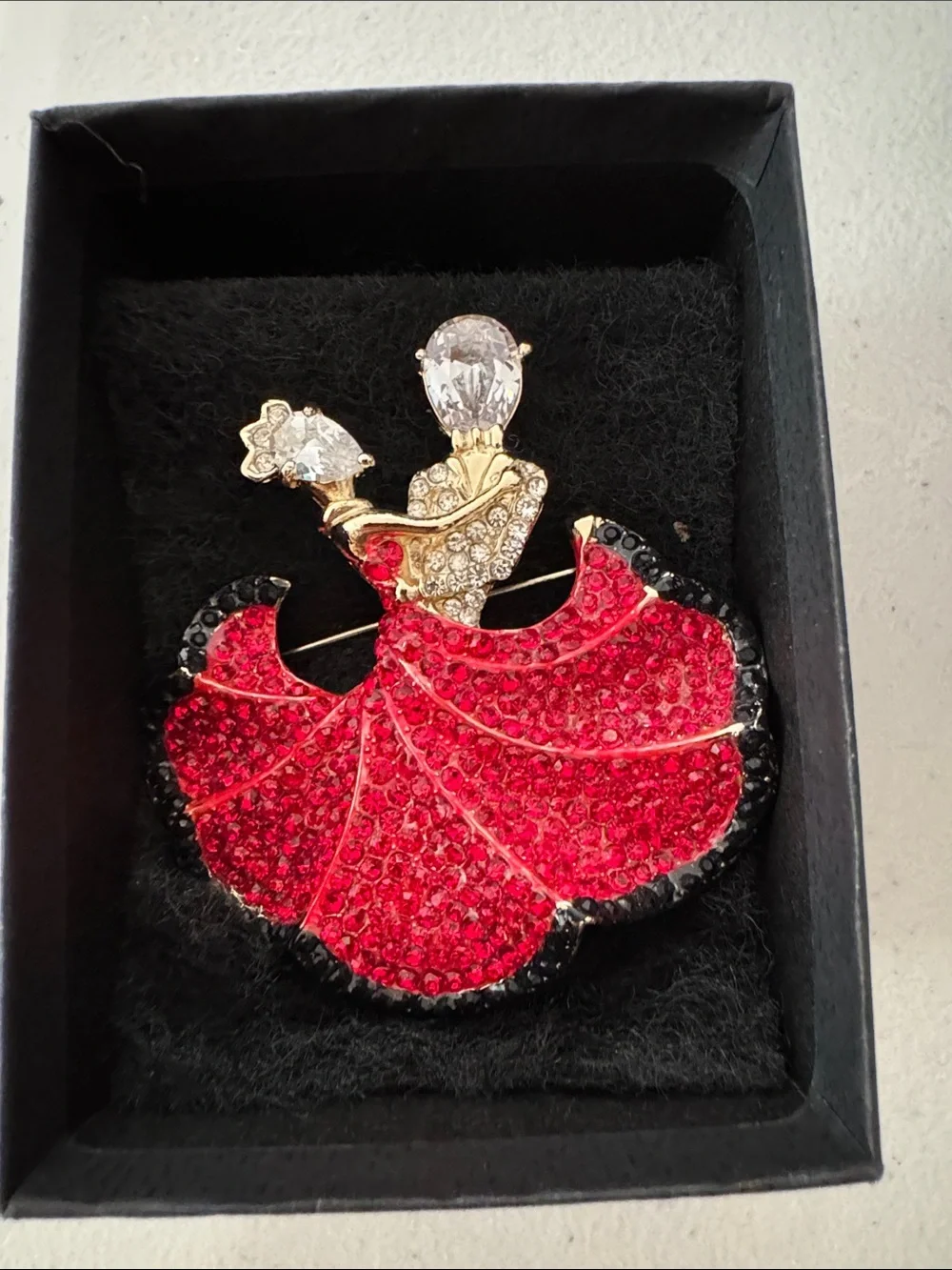 Gold-Tone Flamenco Dancer Brooch with Red Crystal Skirt